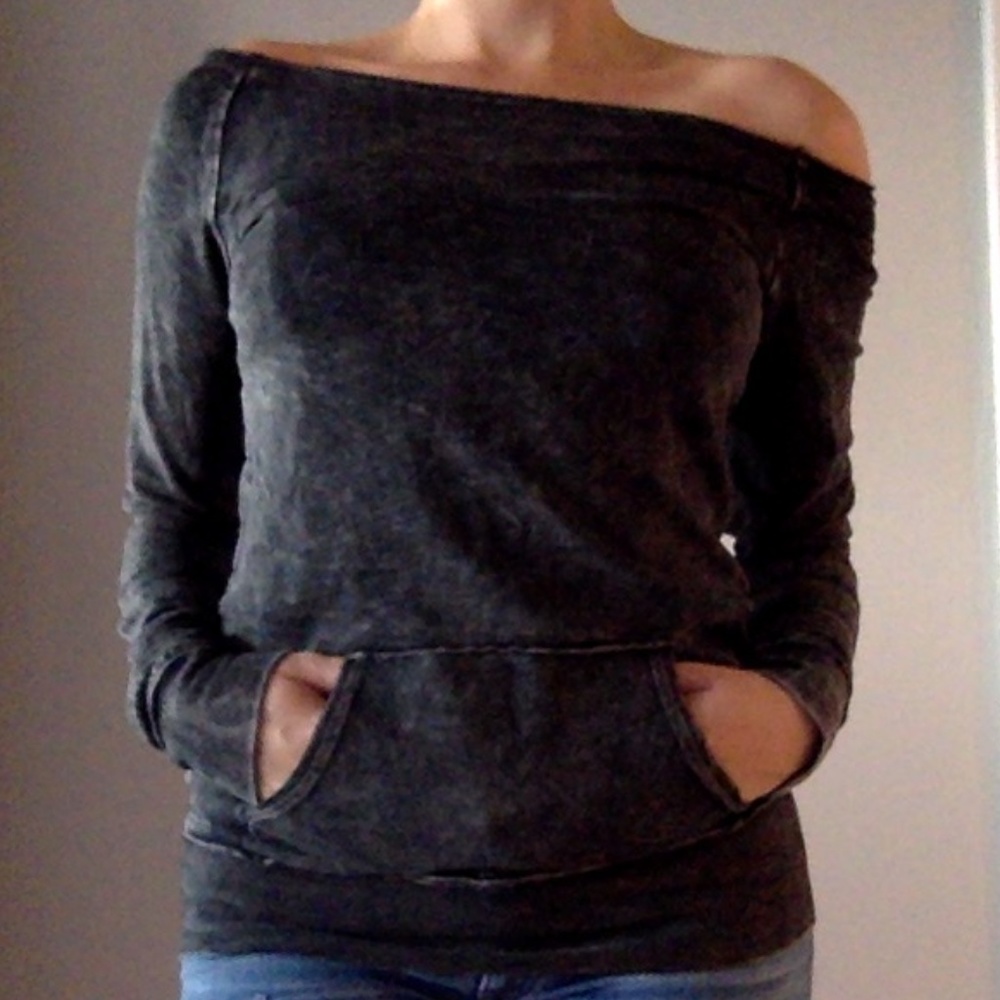 Long sleeve open back off the shoulder sweater.